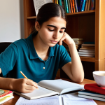 **

A student studying diligently at a desk piled with books and notes. The student is taking deep breaths, looking relaxed and focused. Incorporate Turkish tea and simit on the desk as snacks, representing a common study setting in Turkey.  The overall mood is calm and determined, emphasizing stress management techniques.

**