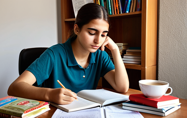 **

A student studying diligently at a desk piled with books and notes. The student is taking deep breaths, looking relaxed and focused. Incorporate Turkish tea and simit on the desk as snacks, representing a common study setting in Turkey.  The overall mood is calm and determined, emphasizing stress management techniques.

**